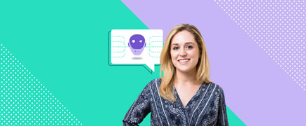 Alyse Andre on a purple and turquoise background, with a virtual agent icon inside a conversation bubble.