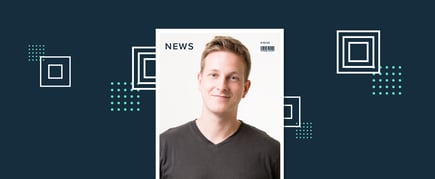 Reetu Kainulainen, Ultimate’s CEO, in front of a dark background patterned with squares.