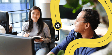 Two office workers at their desks, with a yellow Ultimate connector and a communication icon.