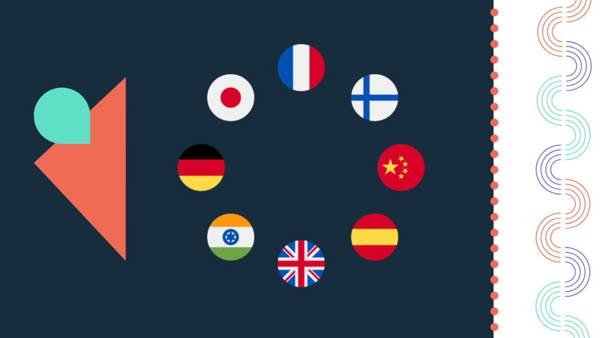 Eight country flags arranged in a circle on top of a dark background.