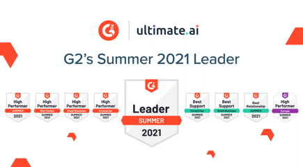 A badge showing Ultimate as G2’s summer leader 2021, surrounded by badges showing categories we performed highly in.