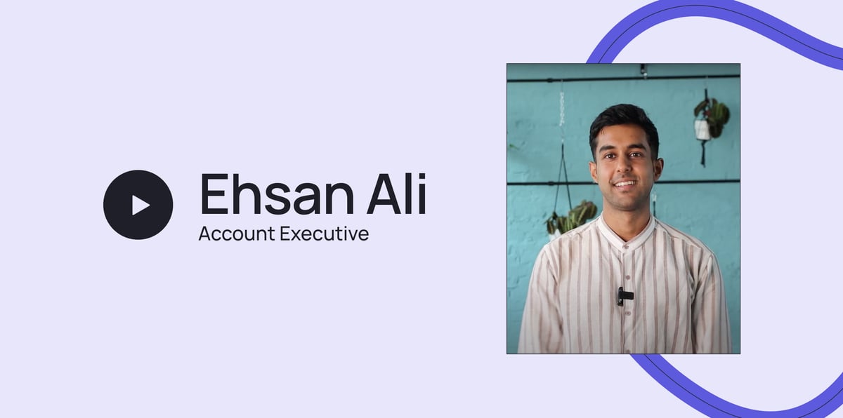 Ehsan Ali, an Account Executive at Ultimate, in front of a pale purple background.
