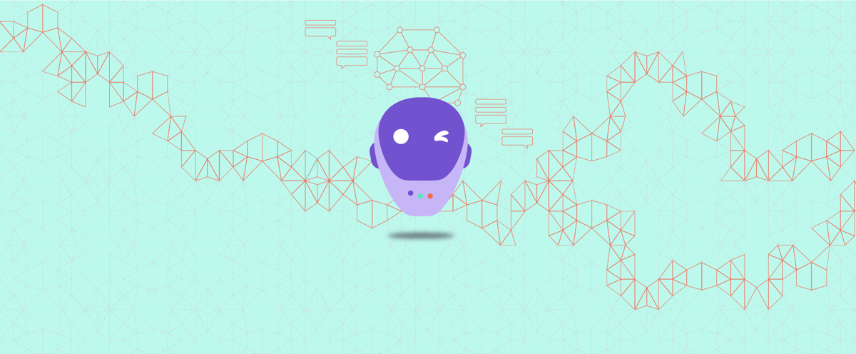 A winking chatbot surrounded by conversation bubbles.