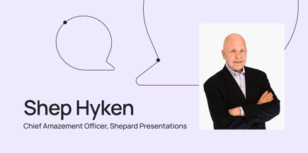Customer service expert Shep Hyken on a pale purple background, surrounded by conversation bubbles. 