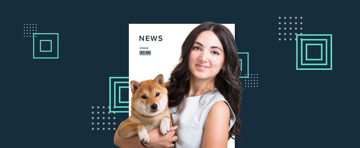 Ultimate’s Co-Founder and COO, Sarah Al-Hussaini, holding her dog Loki on a dark background patterned with squares.