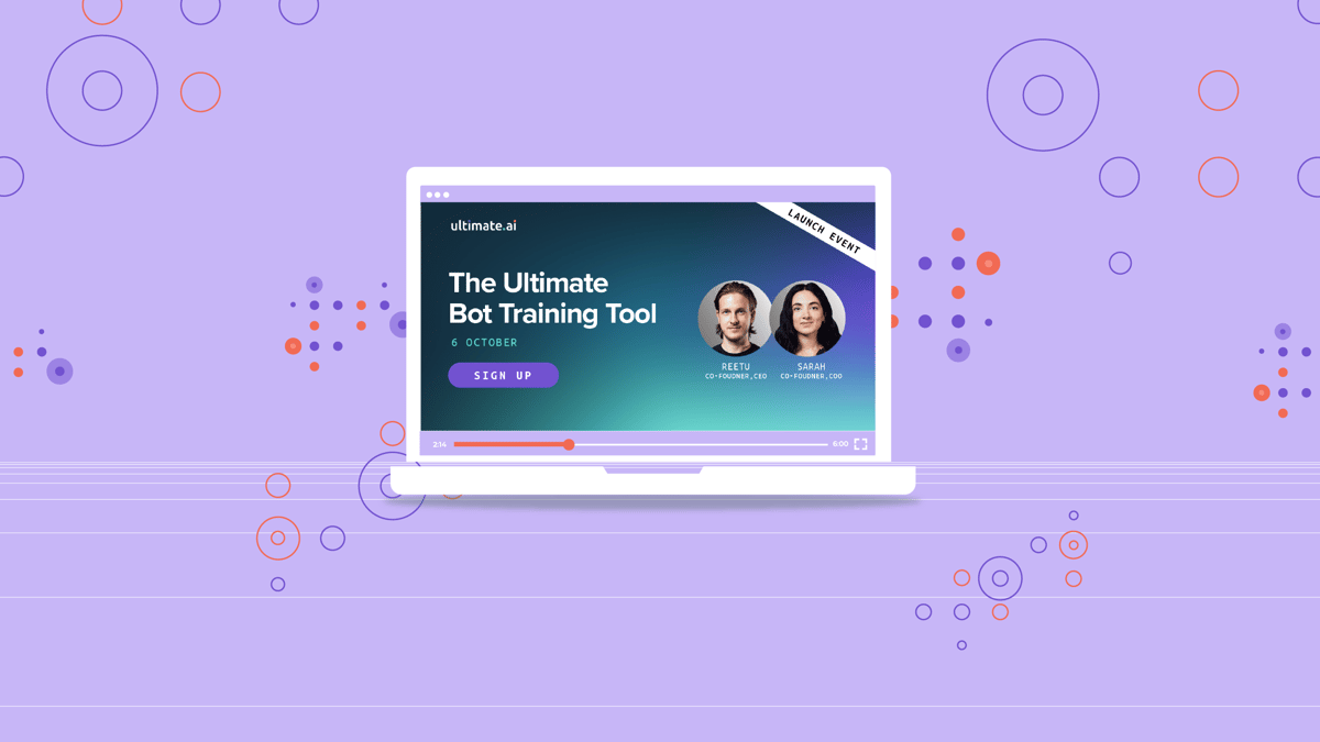 An open laptop on a purple background, showing Ultimate Co-Founders Reetu Kainulainen and Sarah Al-Hussaini.